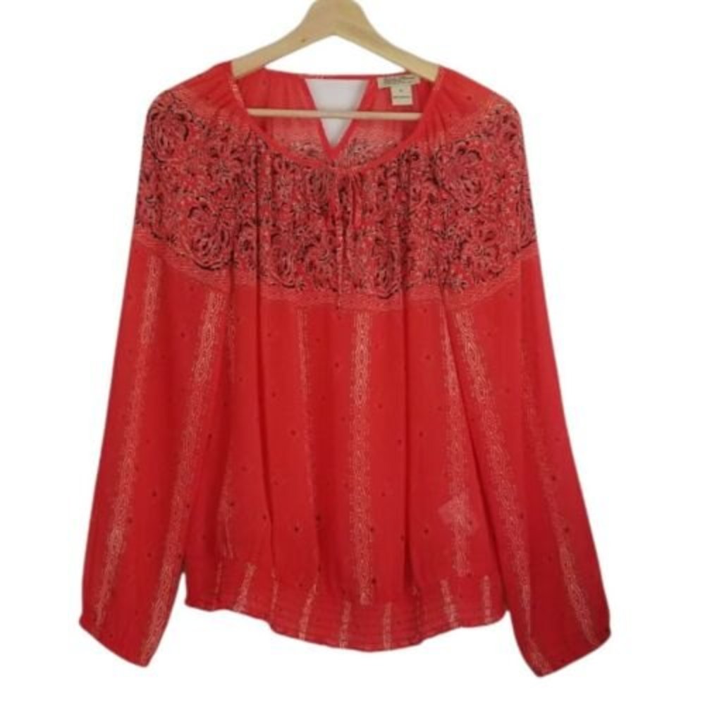Lucky Brand Boho Peasant Sheer Orange & Black Top SZ M Long Sleeve Elastic Waist